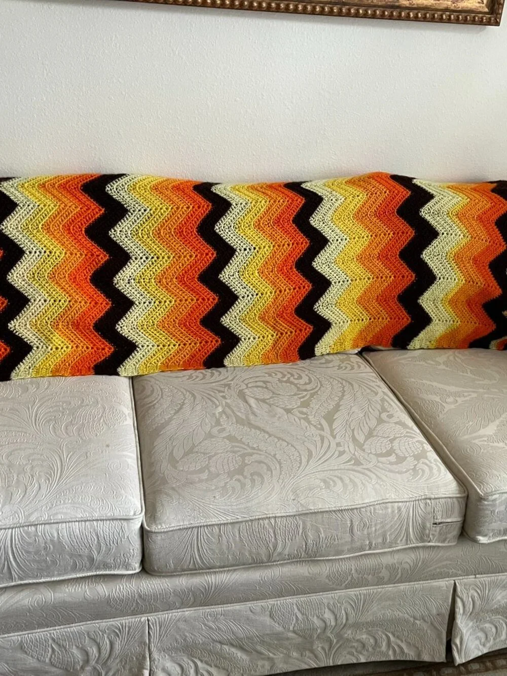 Vintage Crochet Afghan Chevron Zig Zag Orange Fall Autumn Colors 49 X 63